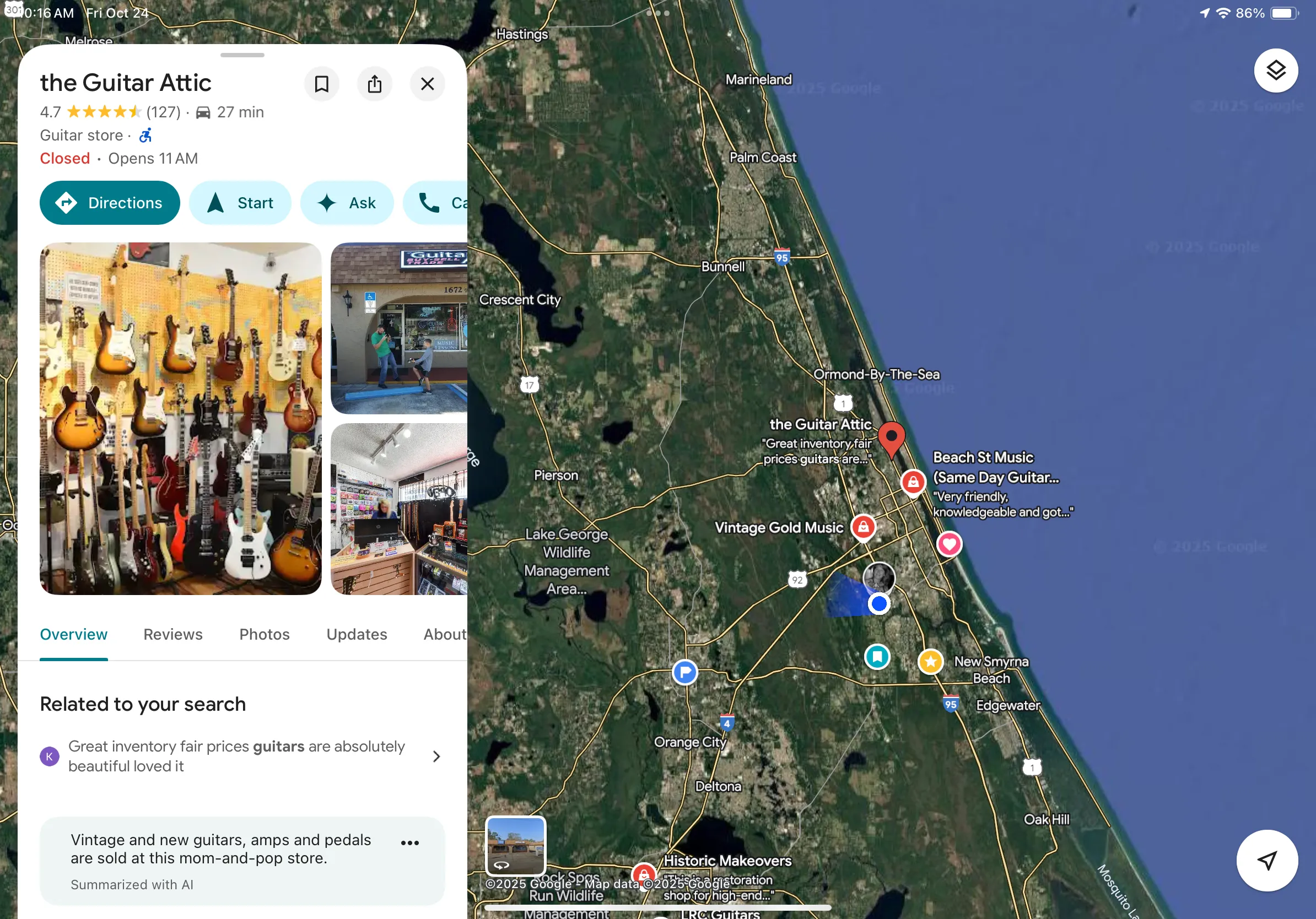 Google Maps hiển thị thông tin doanh nghiệp của một cửa hàng ở Florida với ảnh và review