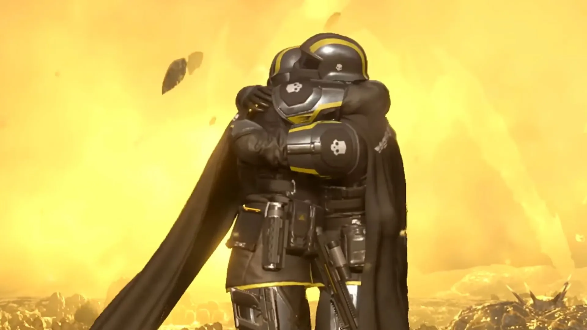 Hai nhân vật Helldivers ôm nhau trước bầu trời màu cam