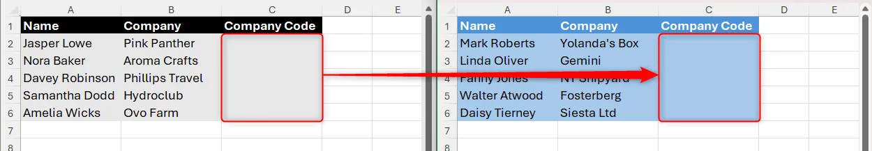 Hai sheet Excel, mỗi sheet có người và vùng nhập mã công ty cần data validation.
