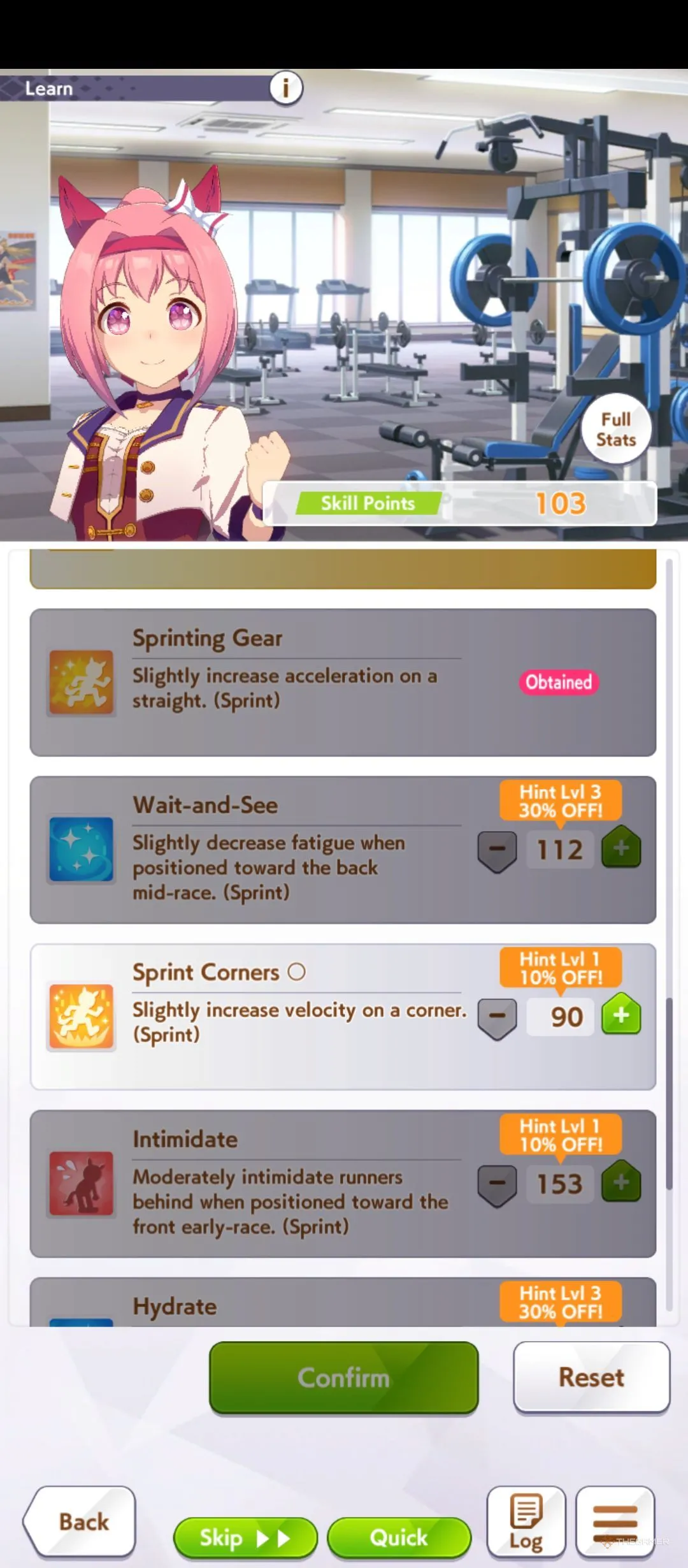 Haru Urara kĩ năng hiển thị trong Umamusume Pretty Derby — chọn skill Sprint và phục hồi cho Late Surger