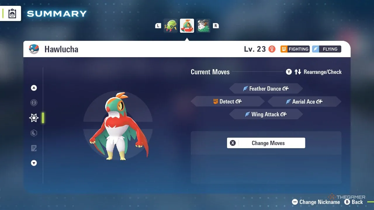 Hawlucha trong menu Pokémon Legends: Z-A, minh họa movepool vật lý và khả năng áp sát.