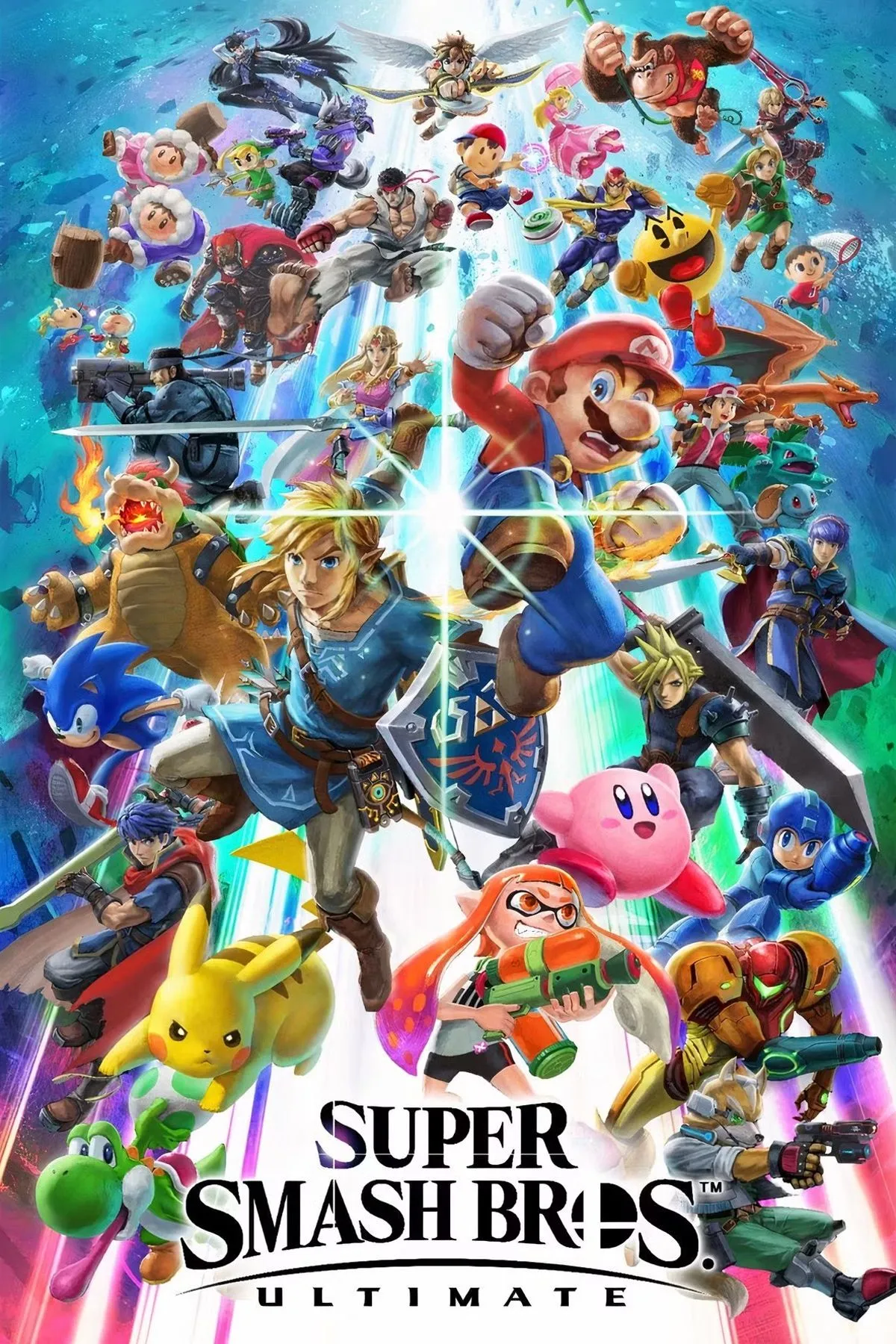 Hình bìa Super Smash Bros. Ultimate với nhiều nhân vật đại diện từ các IP khác nhau