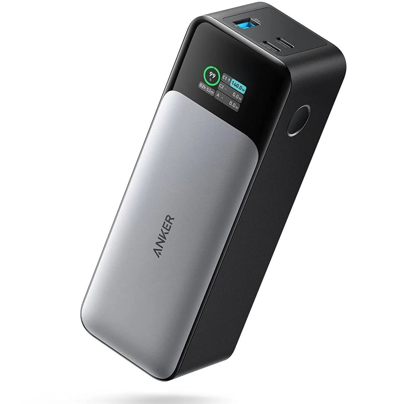 Hình render Anker 737 Power Bank hiển thị màn hình và cổng sạc, phù hợp cho di động và laptop