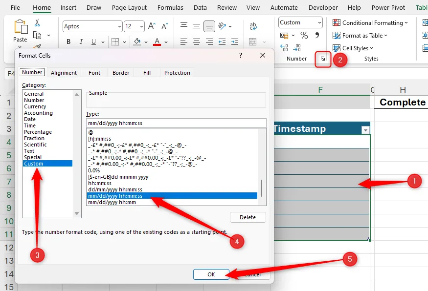Hộp thoại Format Cells cho phép chọn định dạng ngày giờ tùy chỉnh để hiển thị timestamp
