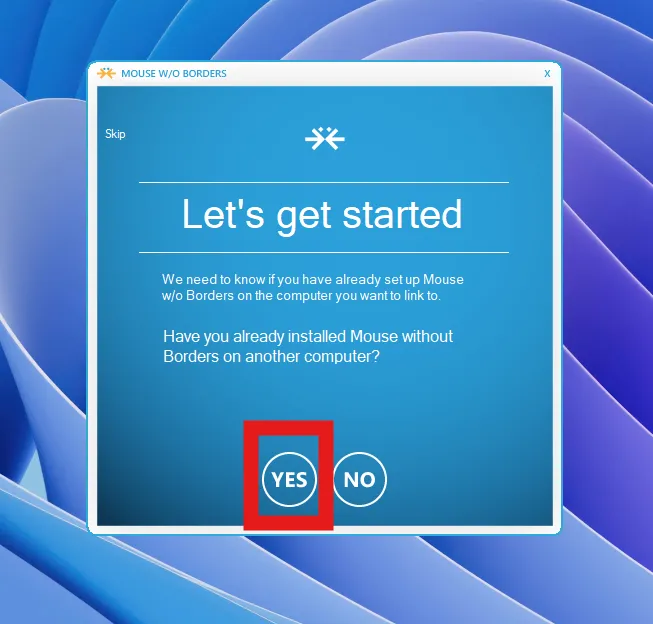 Hộp thoại hiển thị lựa chọn Yes/No trong quá trình cài đặt Mouse Without Borders