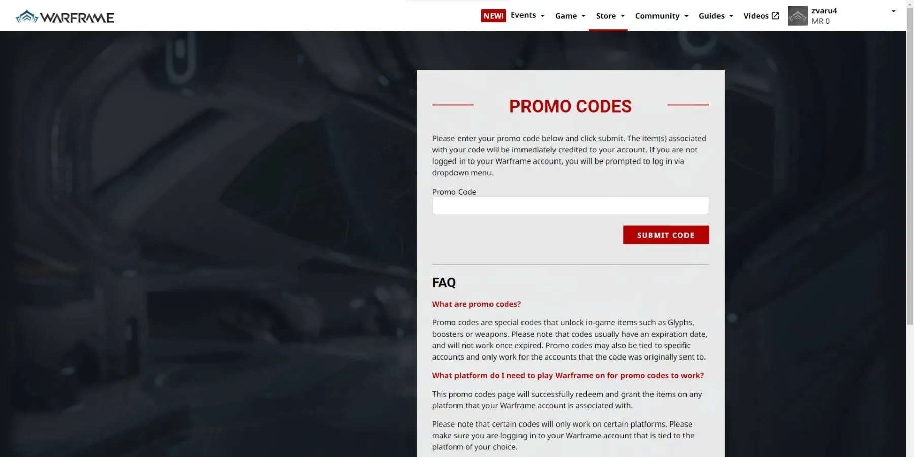 Hướng dẫn nhập mã Warframe trên trang promo, minh họa ô Promo Code và nút Submit