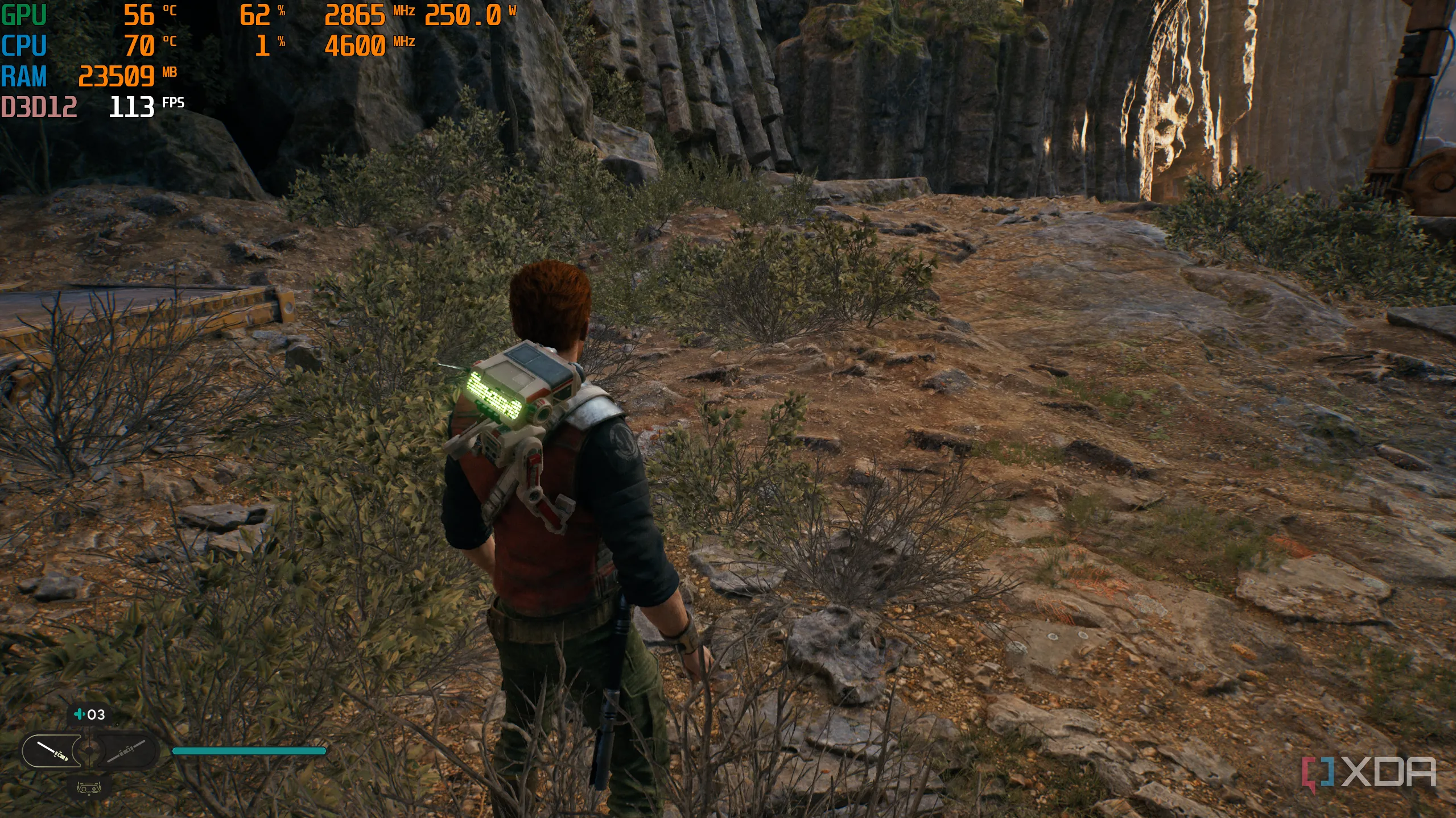 Jedi Survivor trên PC với MSI Afterburner hiển thị xung nhịp boost GPU