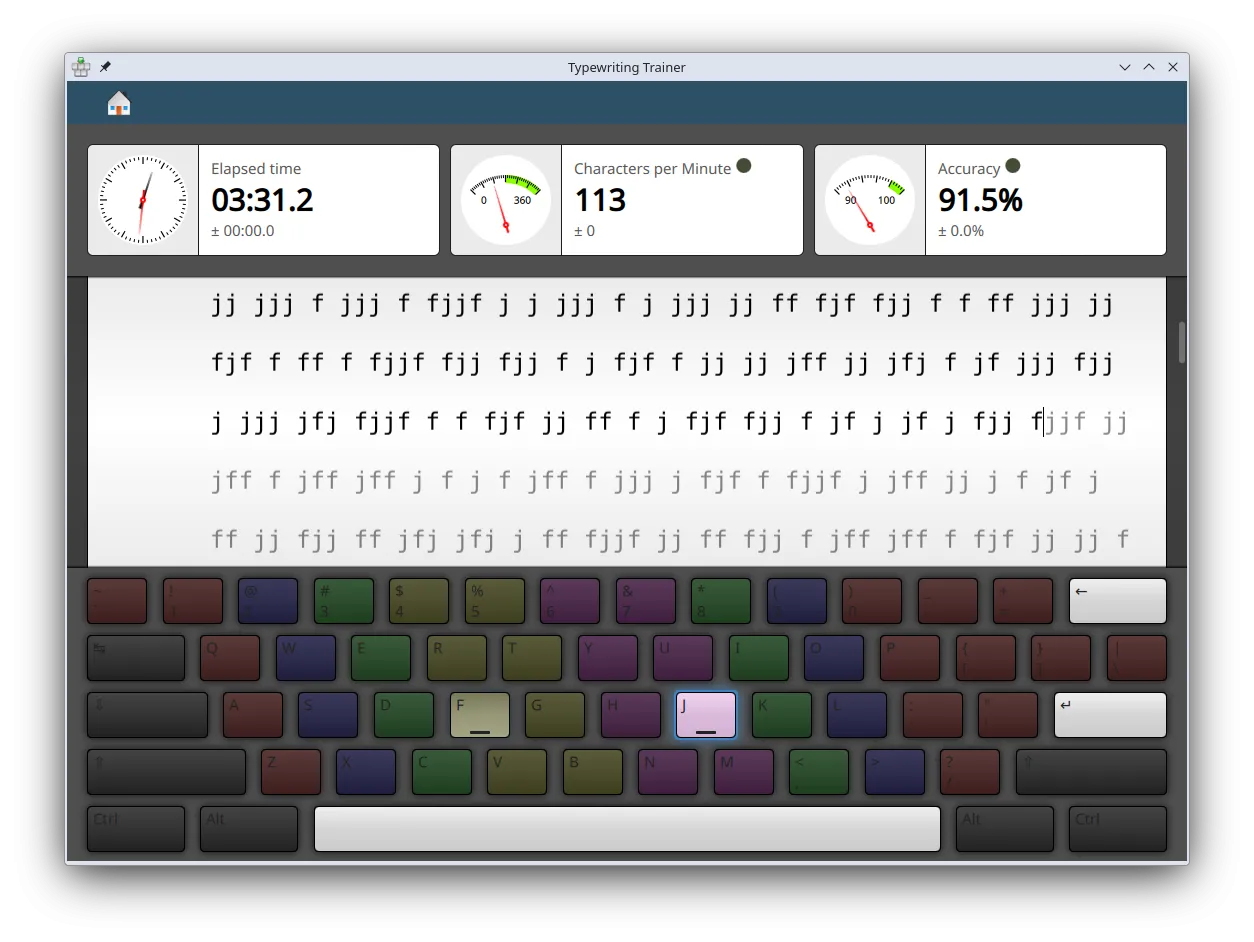 KTouch màn hình bài luyện gõ, hiển thị tốc độ WPM và độ chính xác cho người dùng Linux