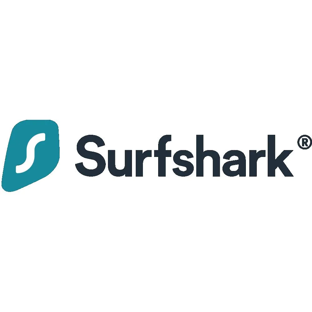 Logo Surfshark trên nền trắng, biểu tượng cá mập xanh đại diện cho dịch vụ VPN giá rẻ kết nối vô hạn