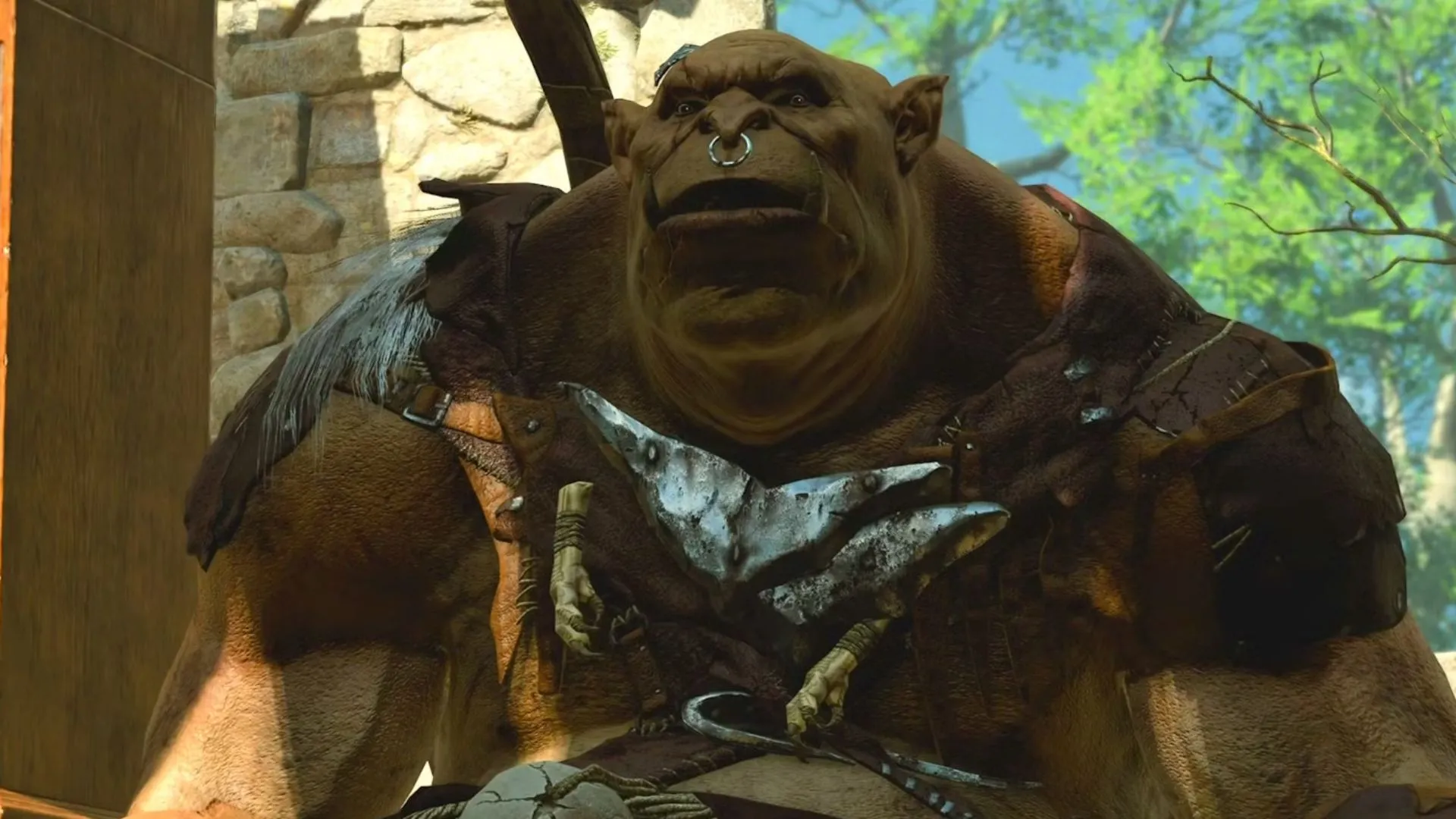 Lump the ogre trong Baldur's Gate 3, ogre lớn với chiếc sừng gọi đồng bọn
