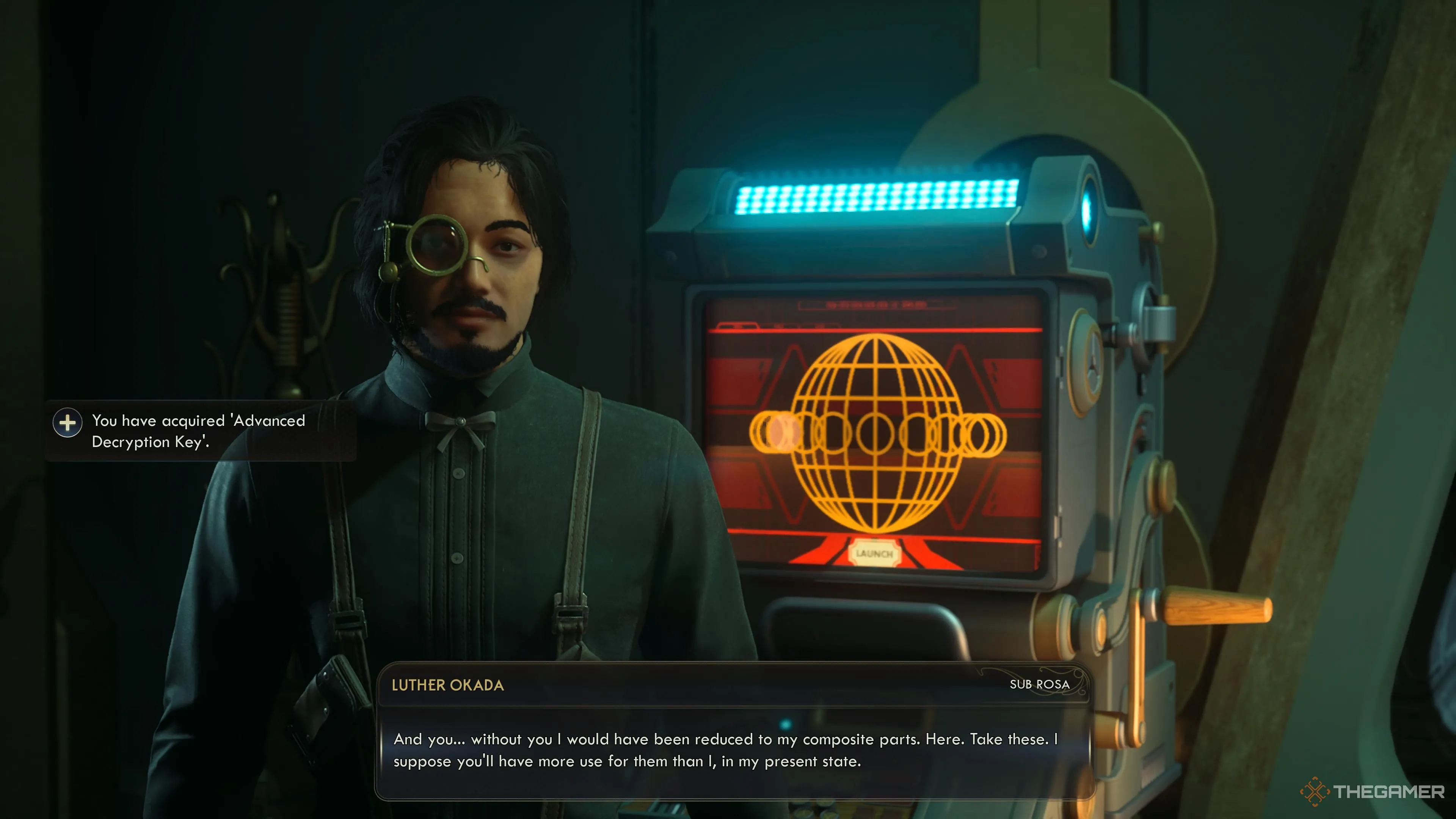 Luther Okada trao Advanced Decryption Key trong The Outer Worlds 2, cảnh gặp gỡ trong phòng bí mật.