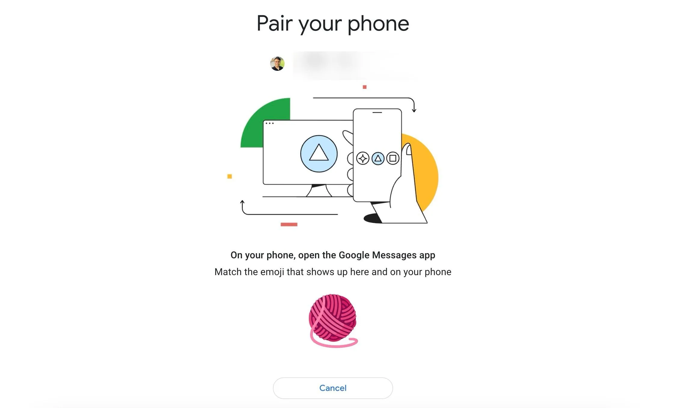 Màn hình xác thực Google Messages for Web hướng dẫn quét QR hoặc dùng emoji để ghép nối thiết bị