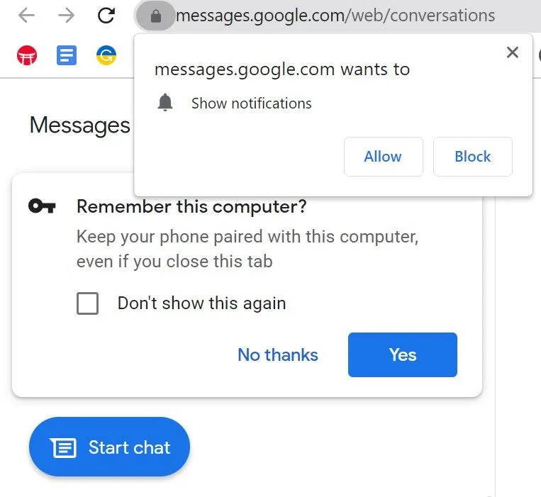 Màn hình yêu cầu ghi nhớ máy tính và bật thông báo khi ghép đôi Google Messages web với điện thoại