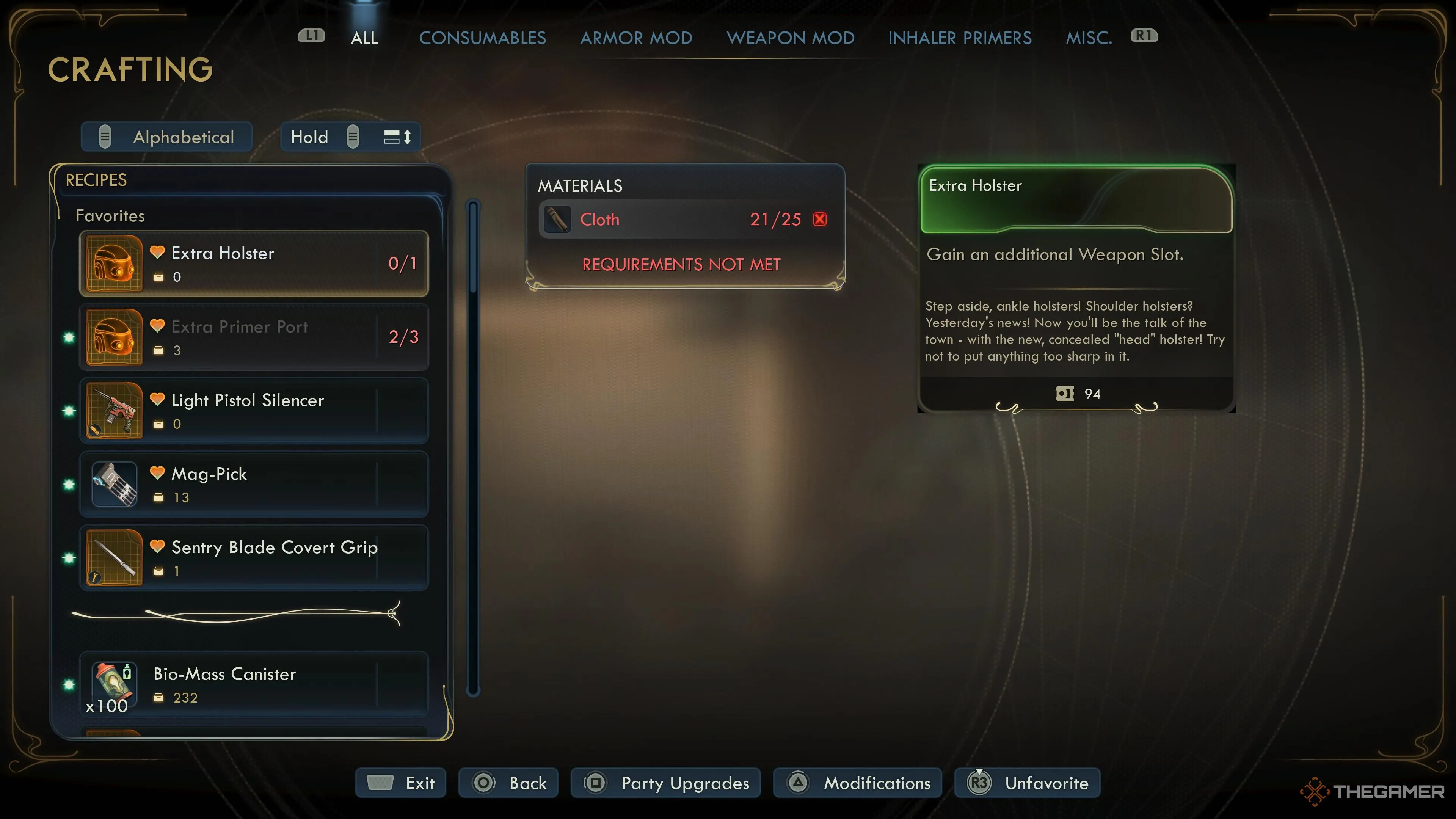 Menu chế tạo trong The Outer Worlds 2, hiển thị Sentry Blade Covert Grip