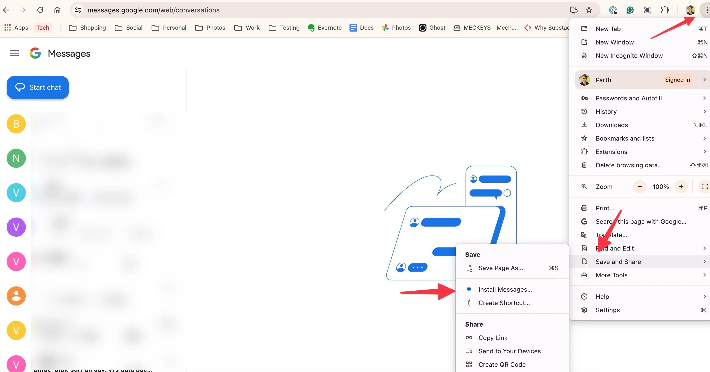 Menu Chrome cho phép lưu và cài Google Messages dưới dạng ứng dụng web trên máy tính