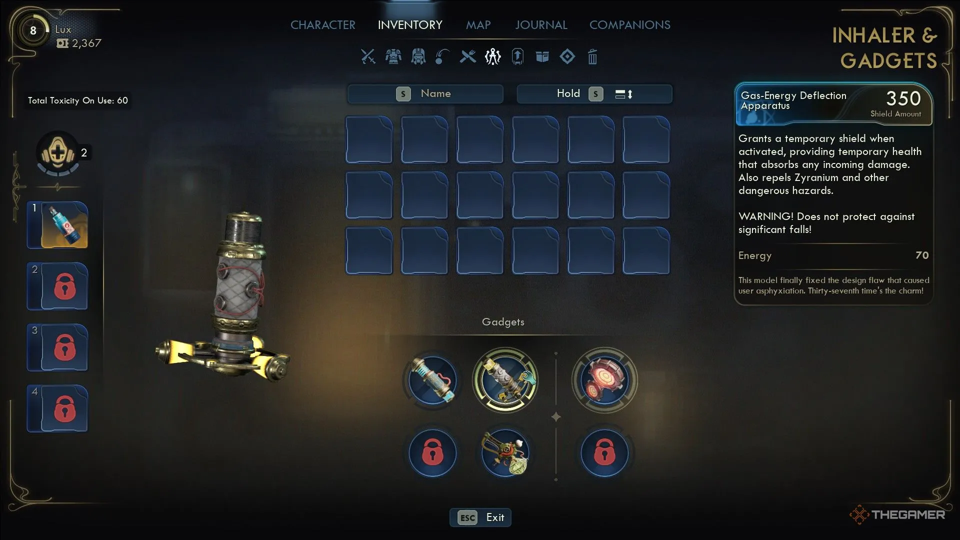 Menu Gadgets trong The Outer Worlds 2, nơi bạn sẽ trang bị Gas-Energy Deflection Apparatus