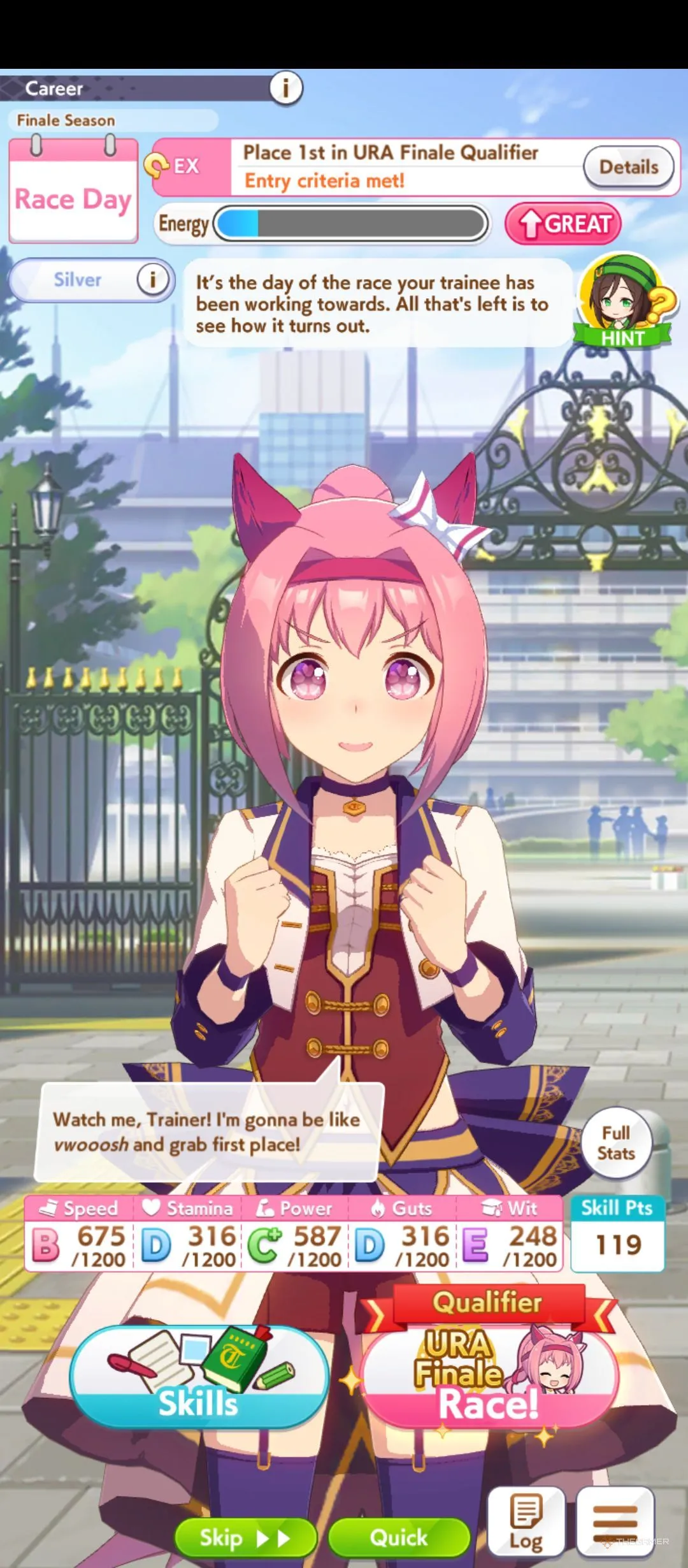 Menu huấn luyện Haru Urara trong Umamusume Pretty Derby — theo dõi Speed, Power và Stamina khi lên kế hoạch