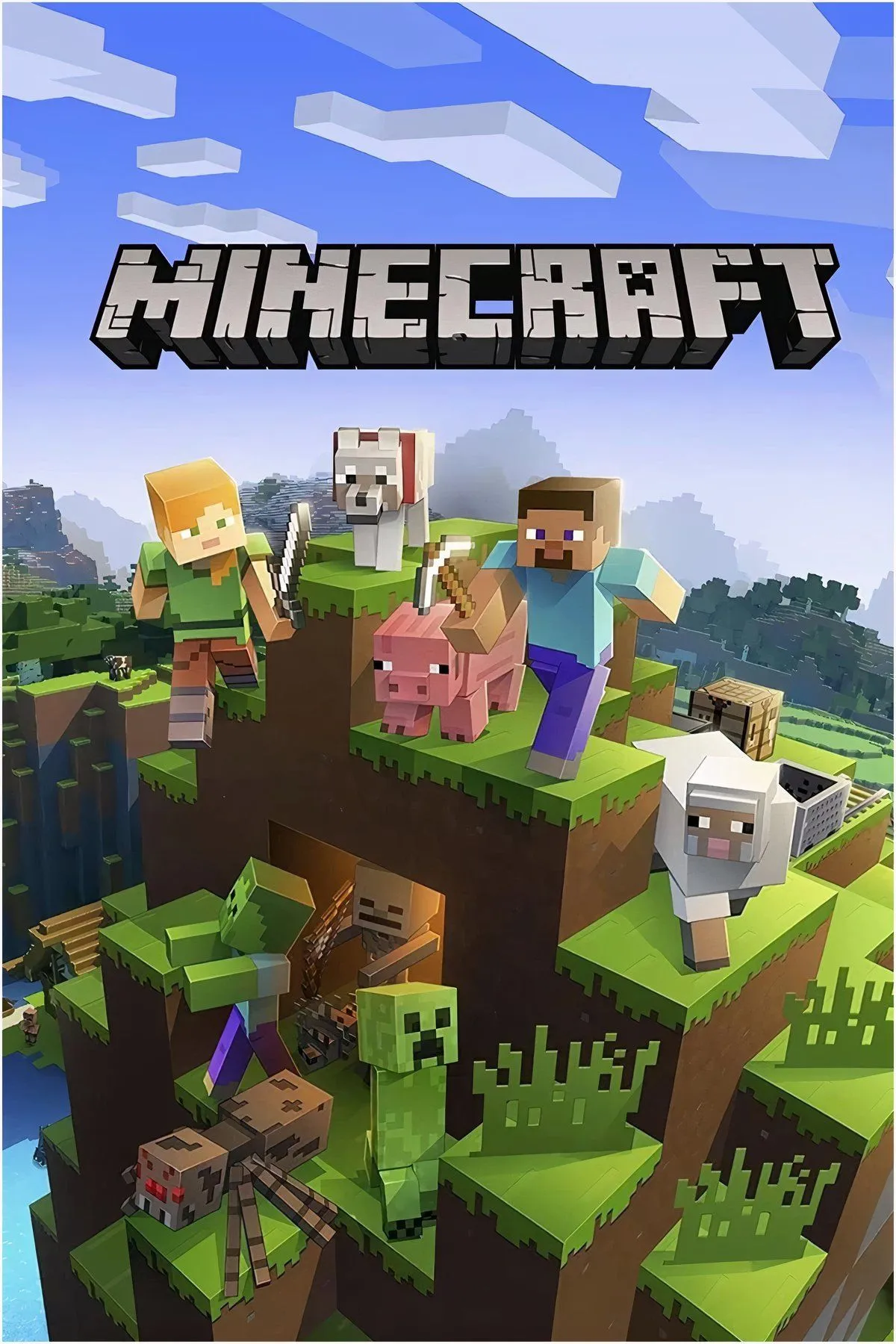 Minecraft cover art: blocky world, nhân vật cầm cuốc, phong cách sandbox và sáng tạo mở