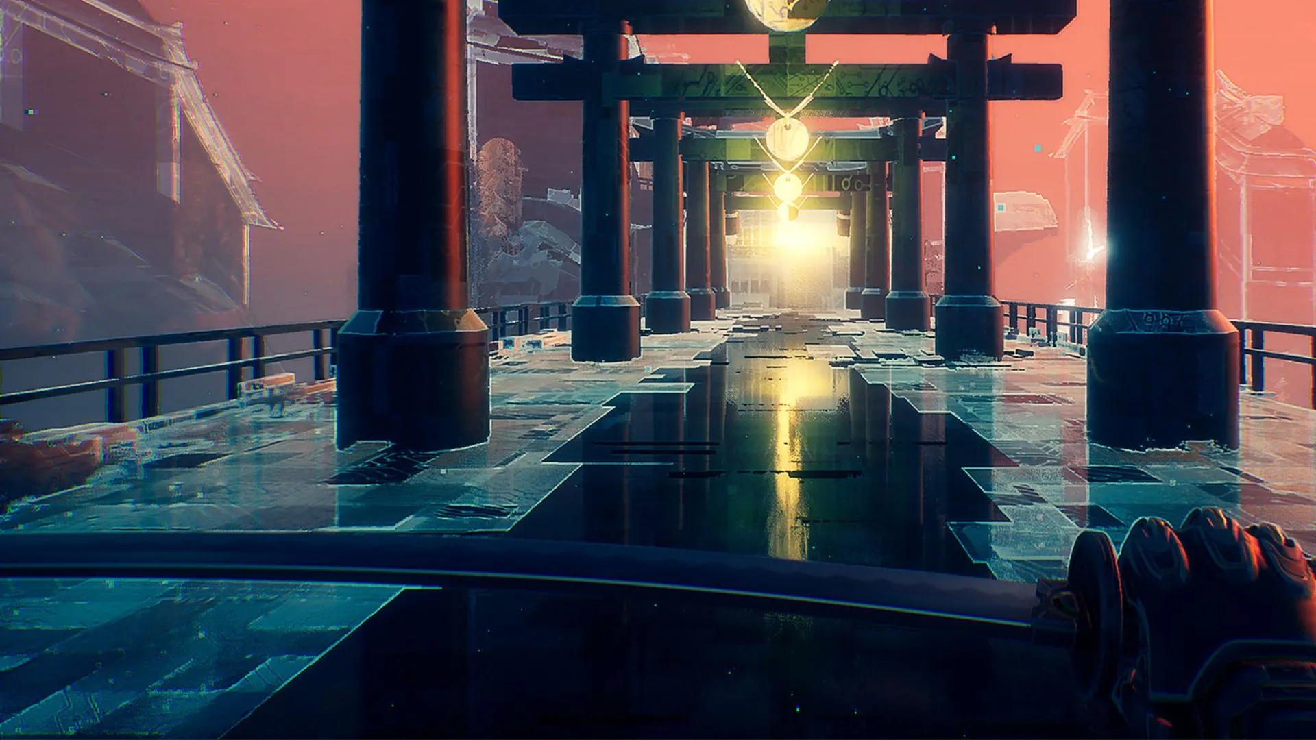 Nhân vật cầm kiếm nhìn xa xăm trong Ghostrunner; parkour và một hit-kill khiến mọi chuyển động cần đúng nhịp.