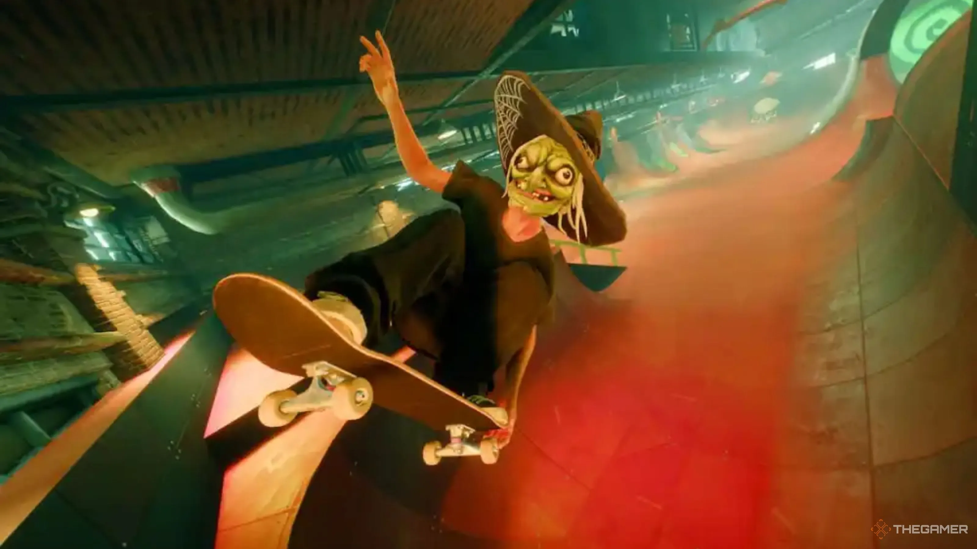 Nhân vật Skate hóa trang thành phù thủy trước skate park Halloween, trang trí bí ngô và cây ma.