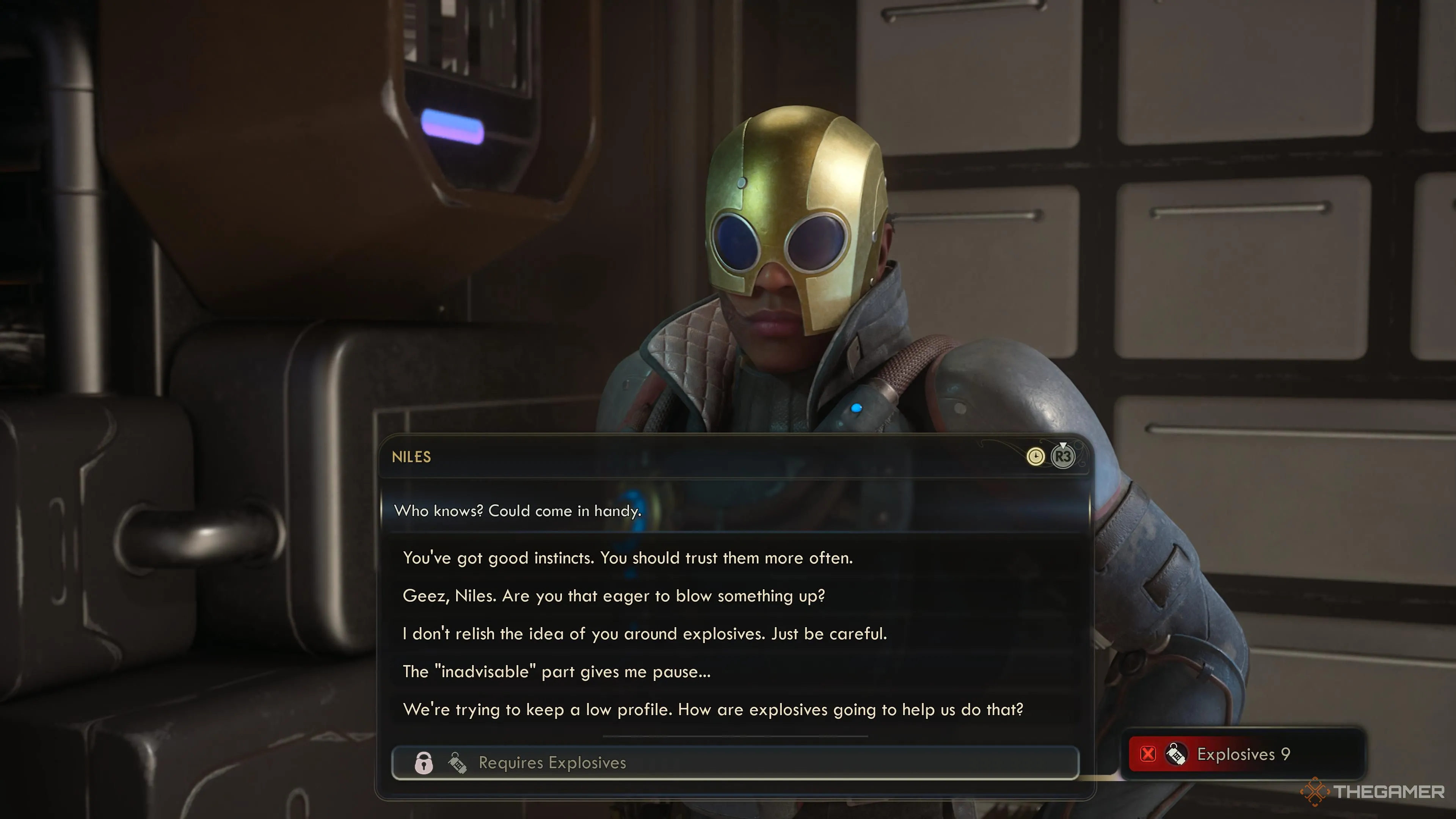 Niles khoe về bom tự chế mà anh vừa làm trong The Outer Worlds 2