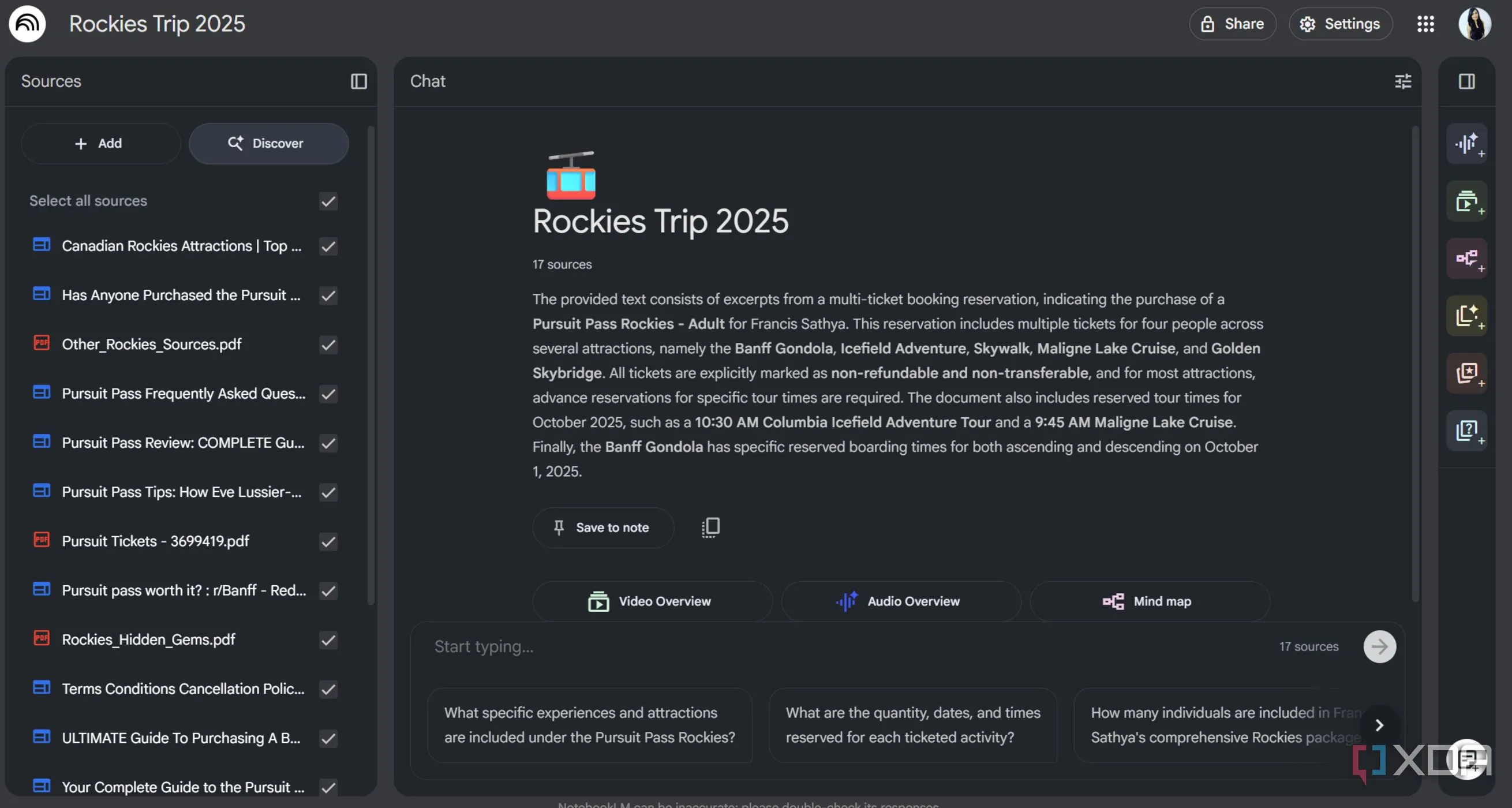 NotebookLM hỗ trợ lên kế hoạch chuyến Rockies với bản đồ và ghi chú