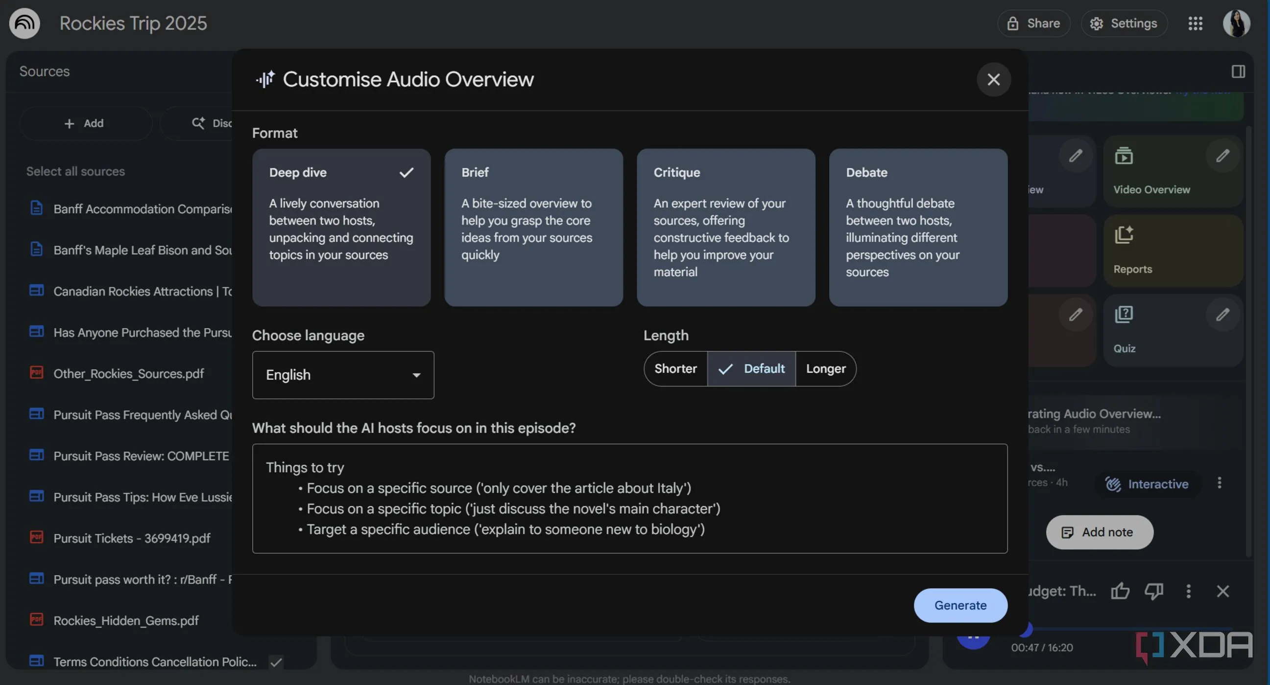 NotebookLM tạo audio overview tóm tắt nghiên cứu chuyến đi theo phong cách podcast