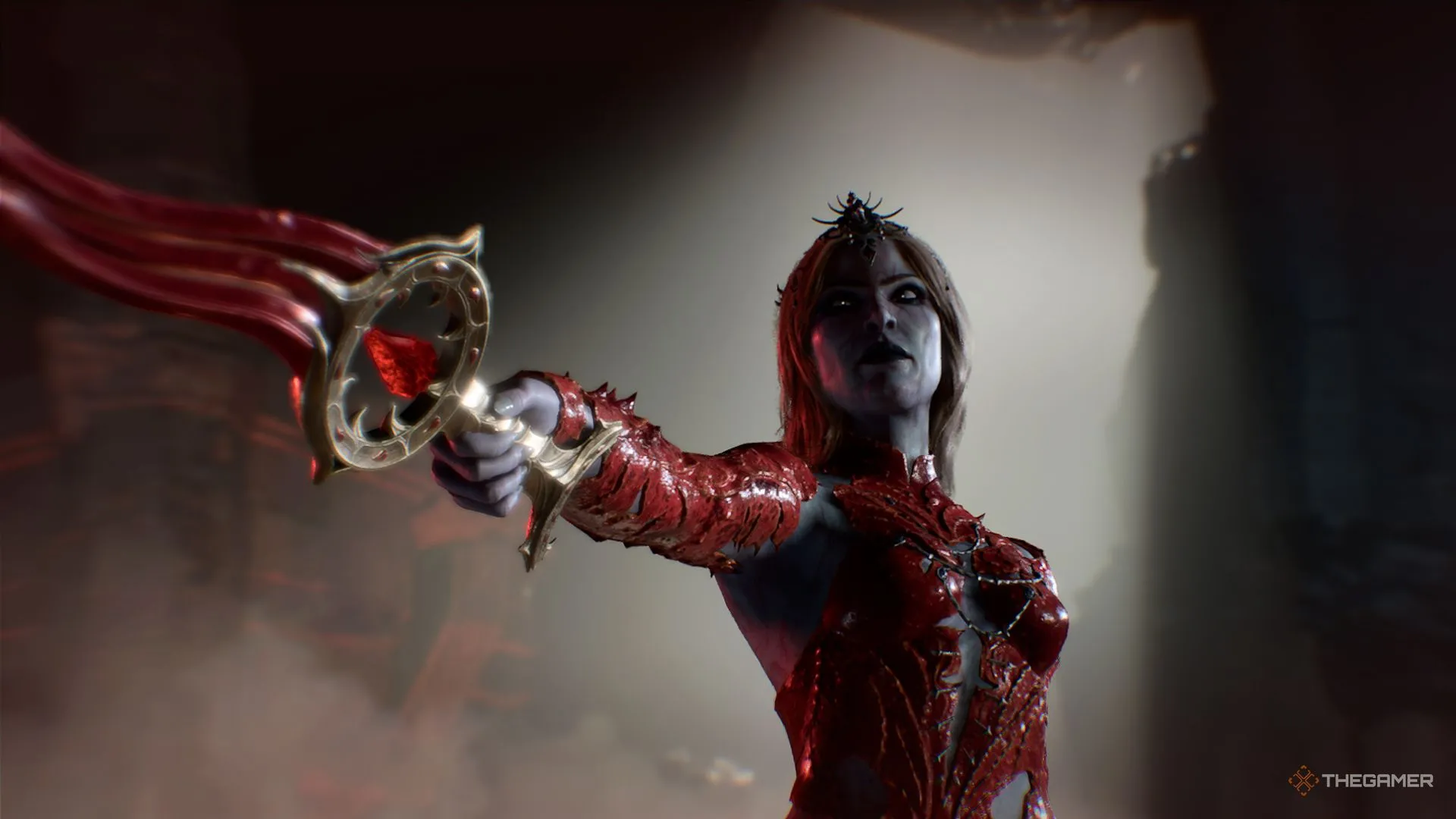Orin chỉ lưỡi dao về phía bạn trong Baldur's Gate 3, cảnh Orin và câu chuyện gia đình