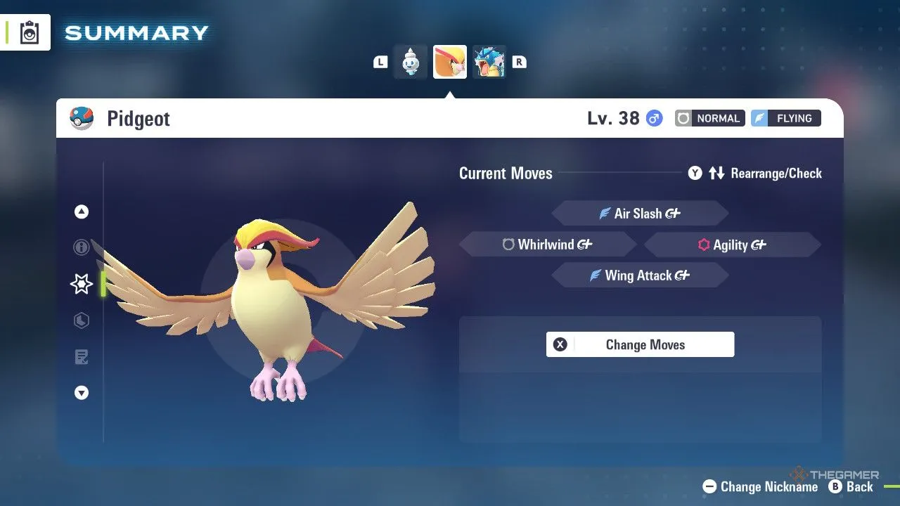 Pidgeot trong menu Pokémon Legends: Z-A, nổi bật với movepool Bay đa dạng.