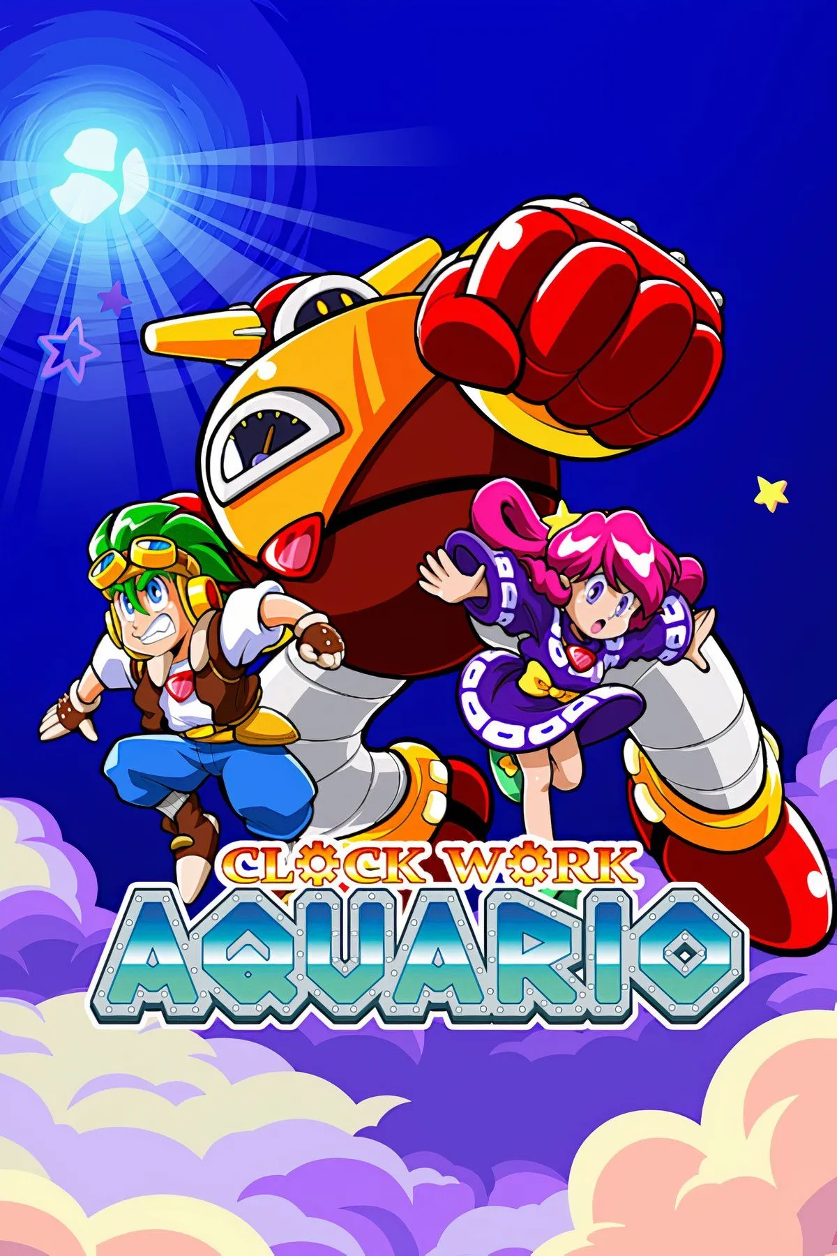Poster Clockwork Aquario với phong cách 2D platformer màu sắc retro và nhân vật hành động