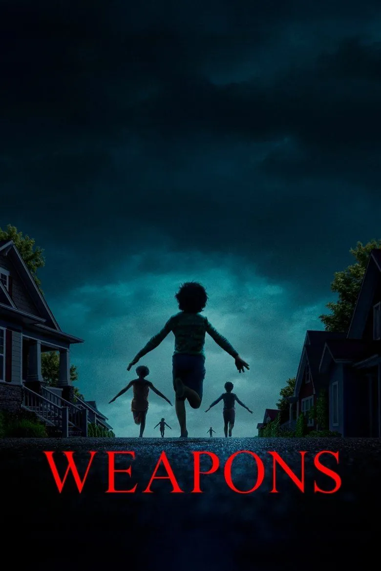Poster Weapons 2025 với khuôn mặt trẻ em được trang điểm kỳ lạ trên nền tối