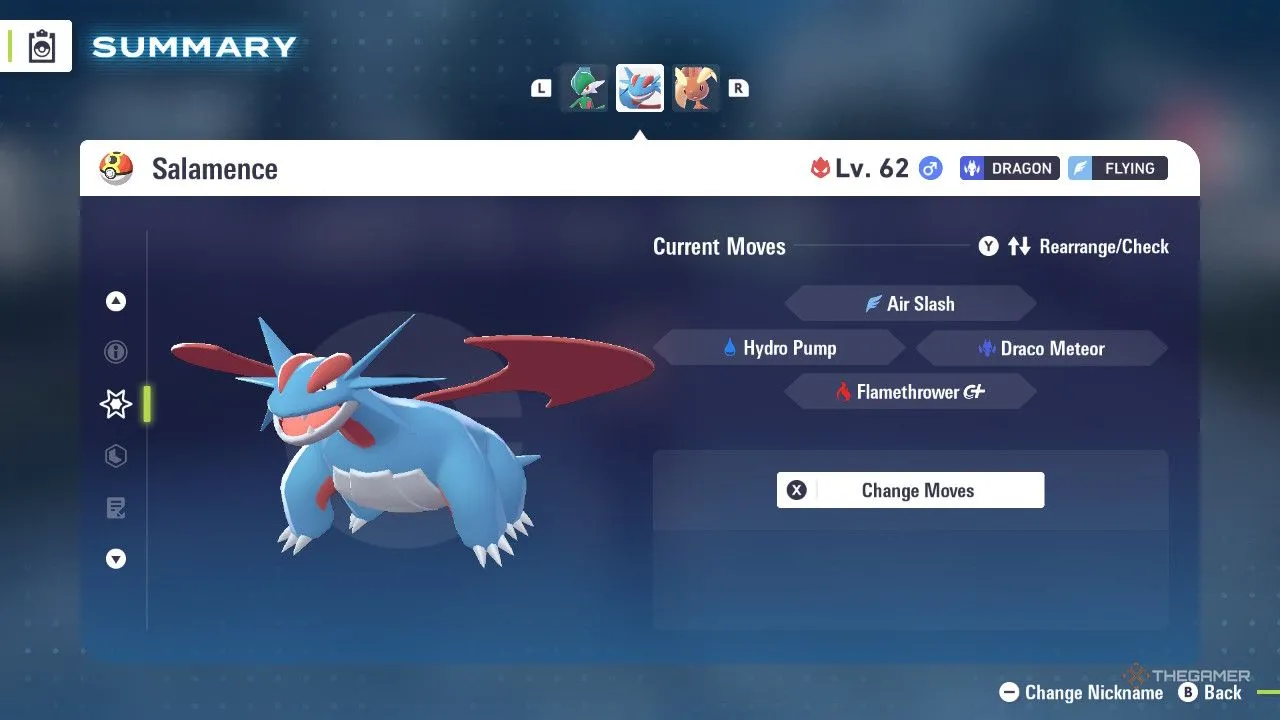 Salamence trong menu Pokémon Legends: Z-A, ví dụ về một sweeper hệ Bay toàn diện.
