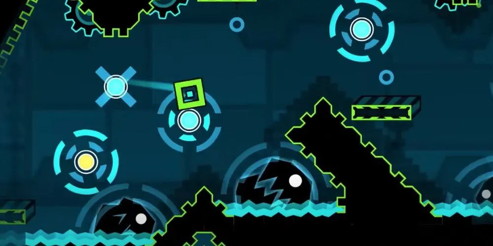 Screenshot màn chơi Geometry Dash: Cube nhảy qua chướng ngại vật, gợi ý unlock icon và UFO bằng mã Vault
