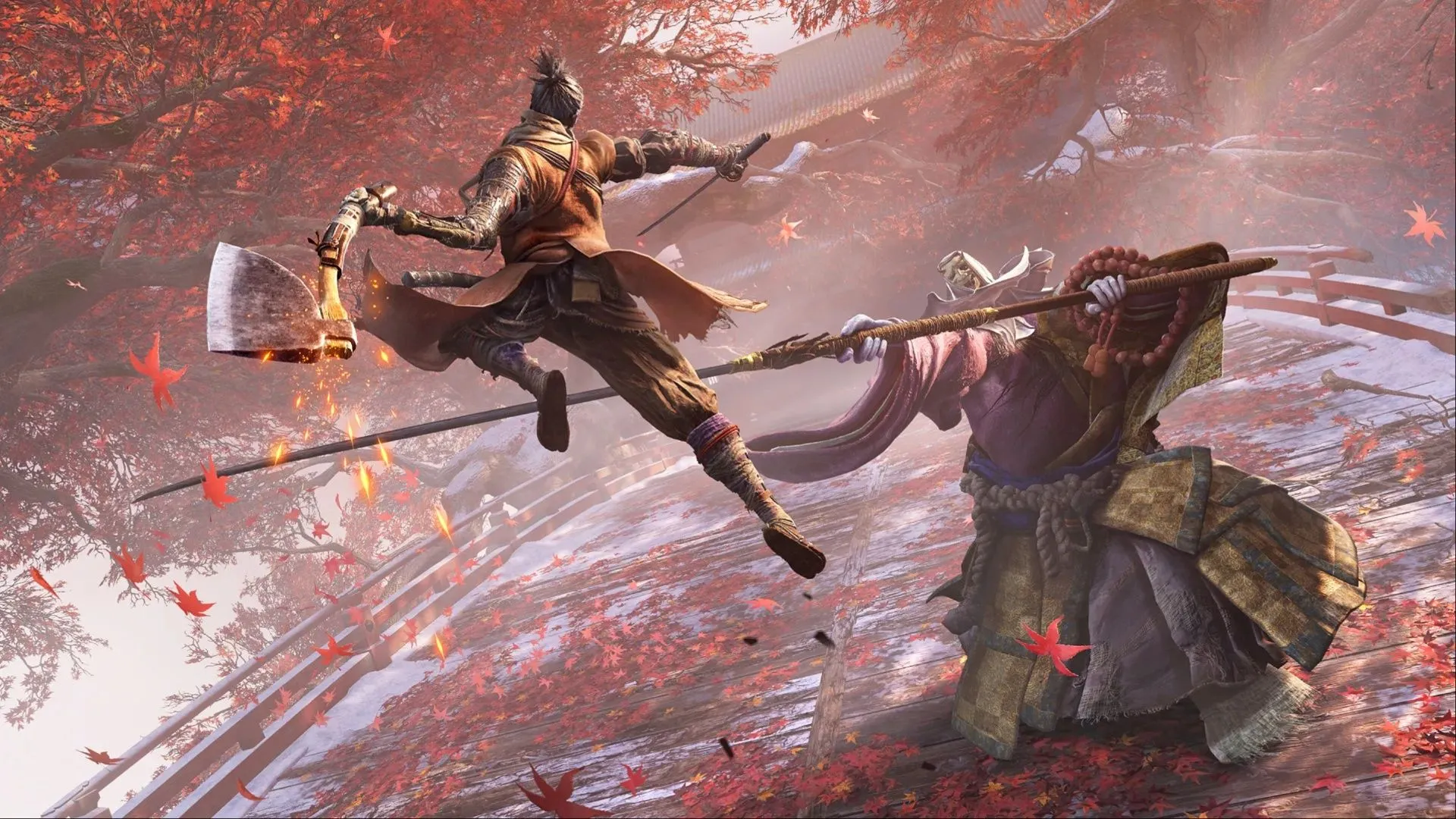 Sekiro dùng Loaded Axe tấn công True Corrupted Monk — parry và posture là trọng tâm của combat.