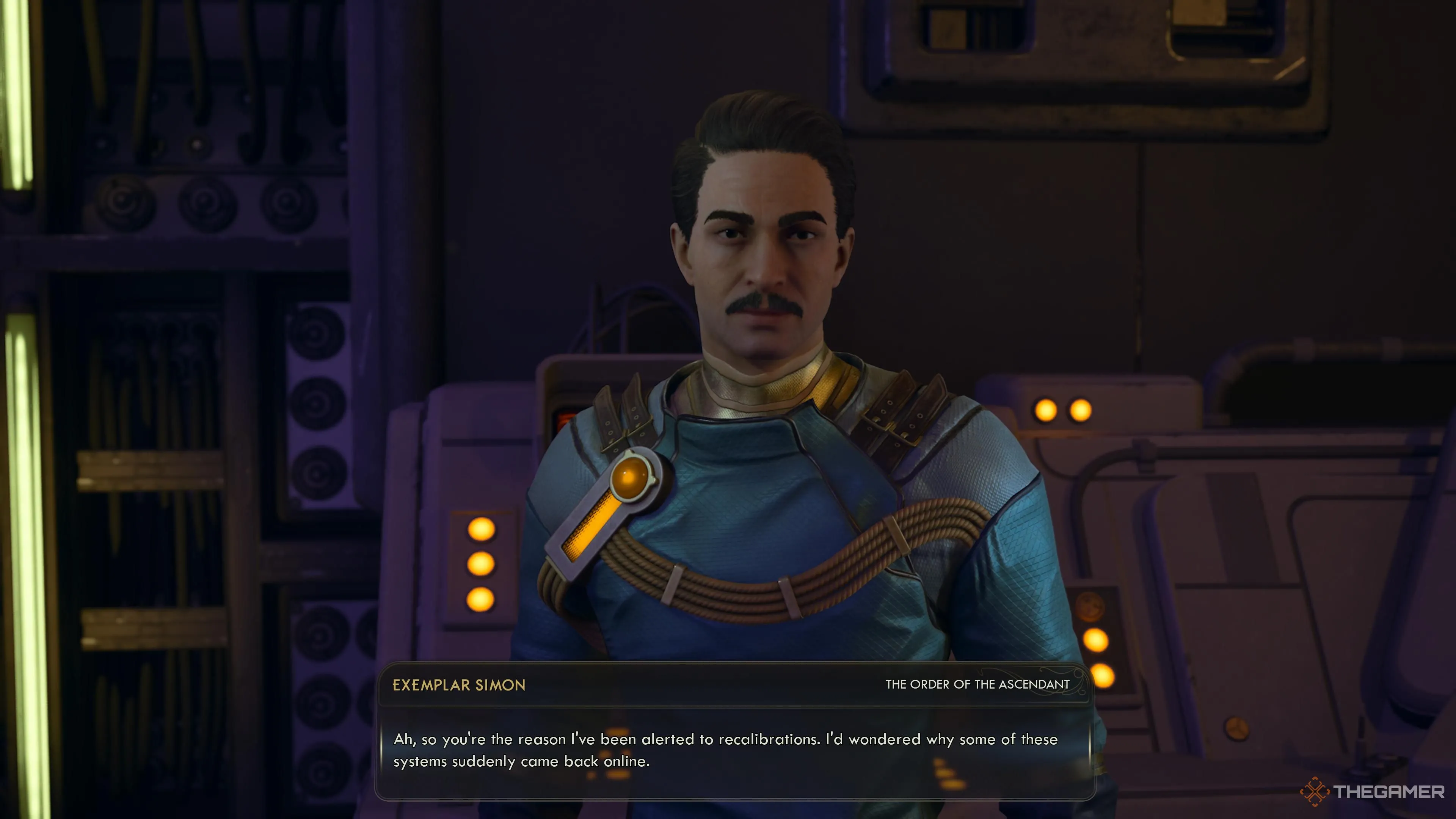 Simon nói chuyện sau khi một tower được tái kích hoạt, biểu cảm hài hước trong The Outer Worlds 2