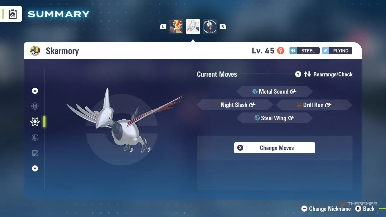 Skarmory hiển thị thông số phòng thủ mạnh trong menu của Pokémon Legends: Z-A.