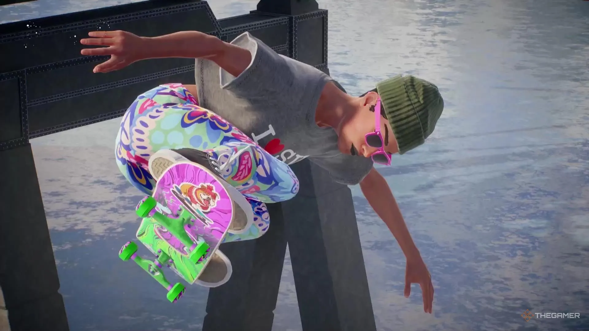 Skater mặc quần màu sắc và kính râm hồng thực hiện trick trên nước trong Skate - Chocolate Coins event.