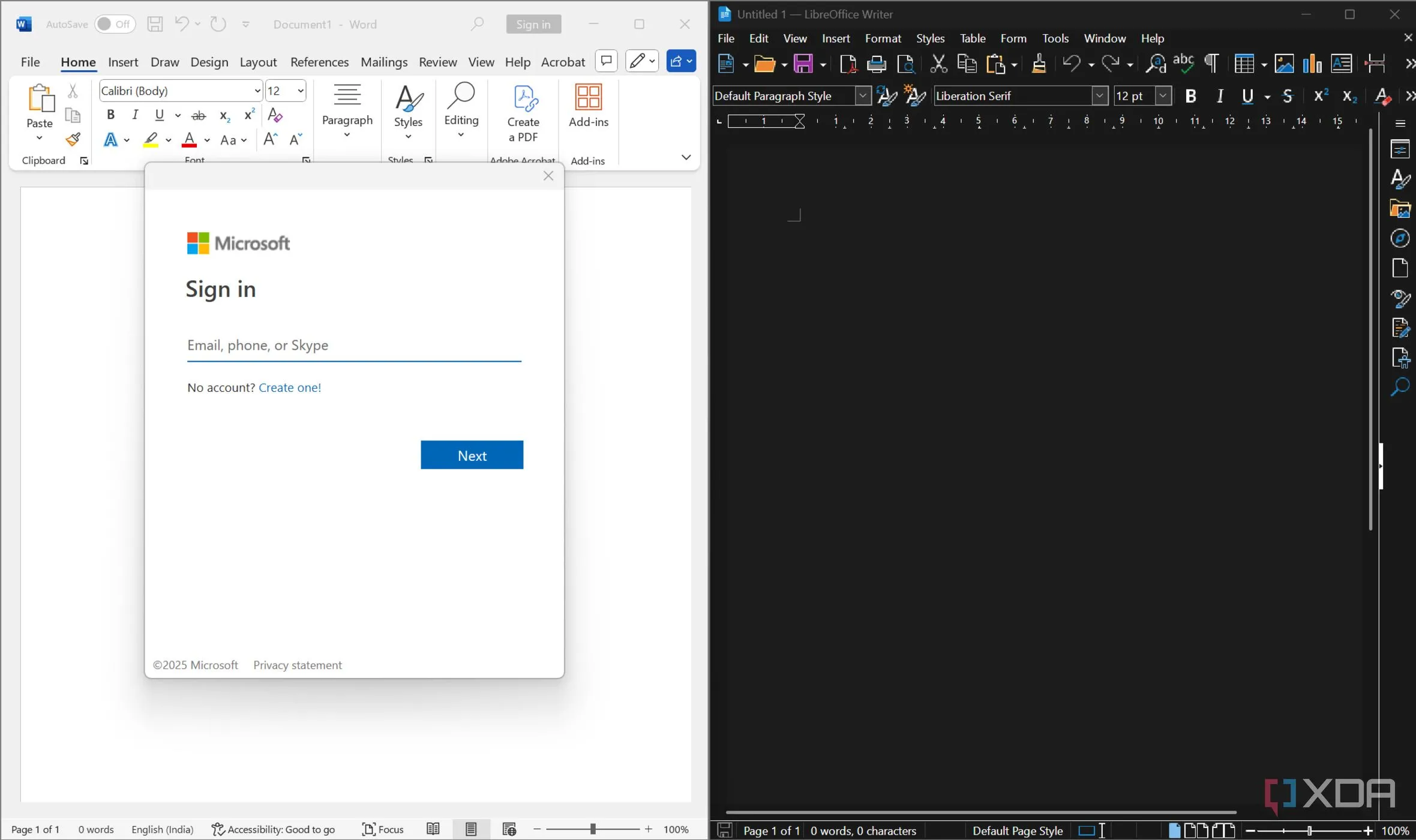 So sánh màn hình yêu cầu đăng nhập Microsoft so với LibreOffice lưu offline