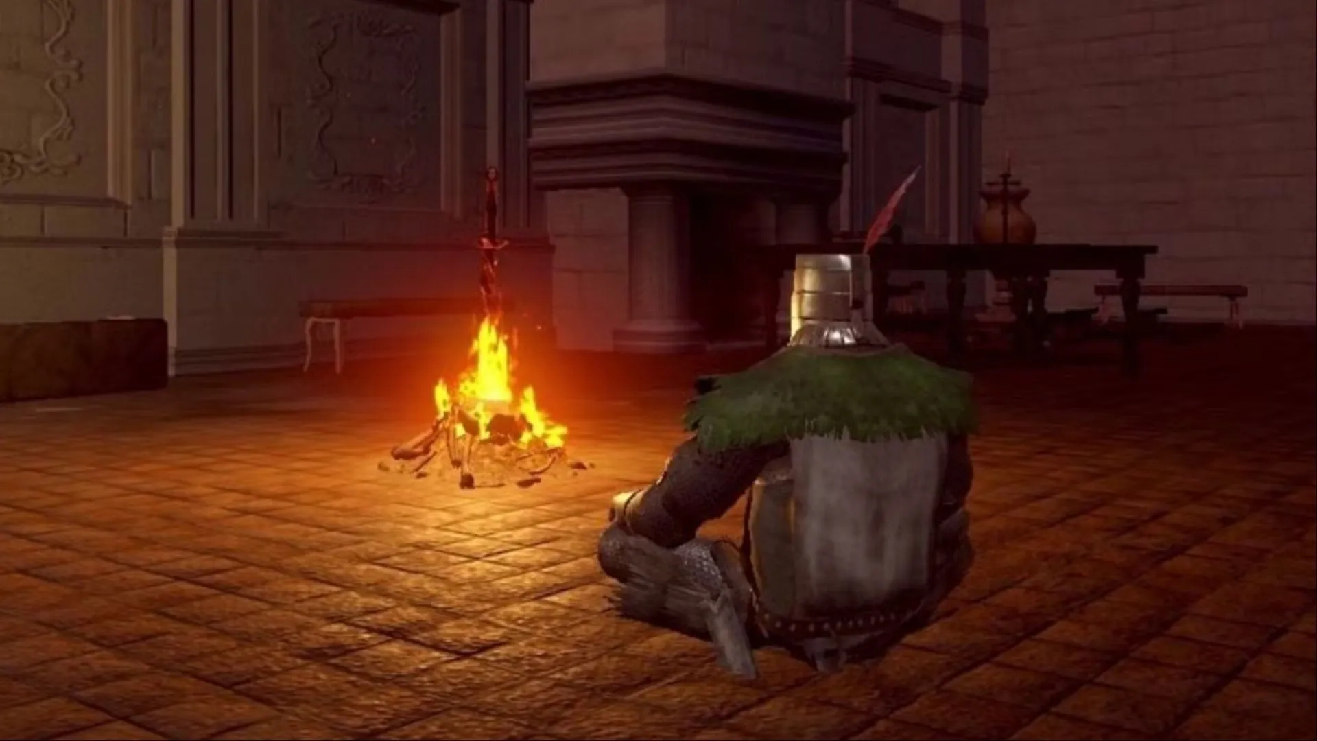 Solaire of Astora ngồi bên bonfire, Sunbro biểu tượng trong Dark Souls