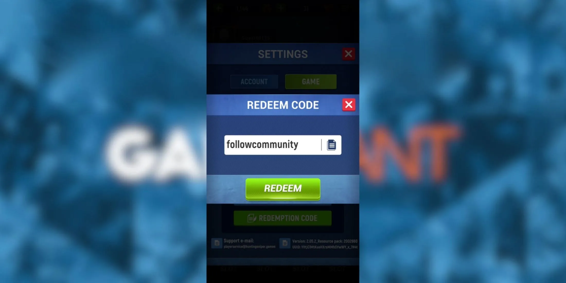 Tab nhập mã trong menu Hunting Sniper - hướng dẫn cách redeem code