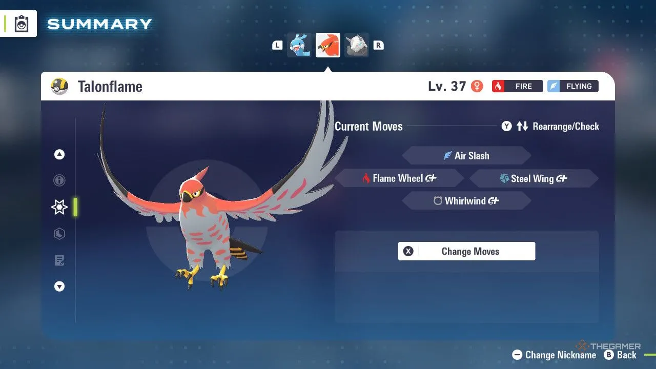 Talonflame trong menu Pokémon Legends: Z-A, biểu tượng của glass cannon hệ Bay.