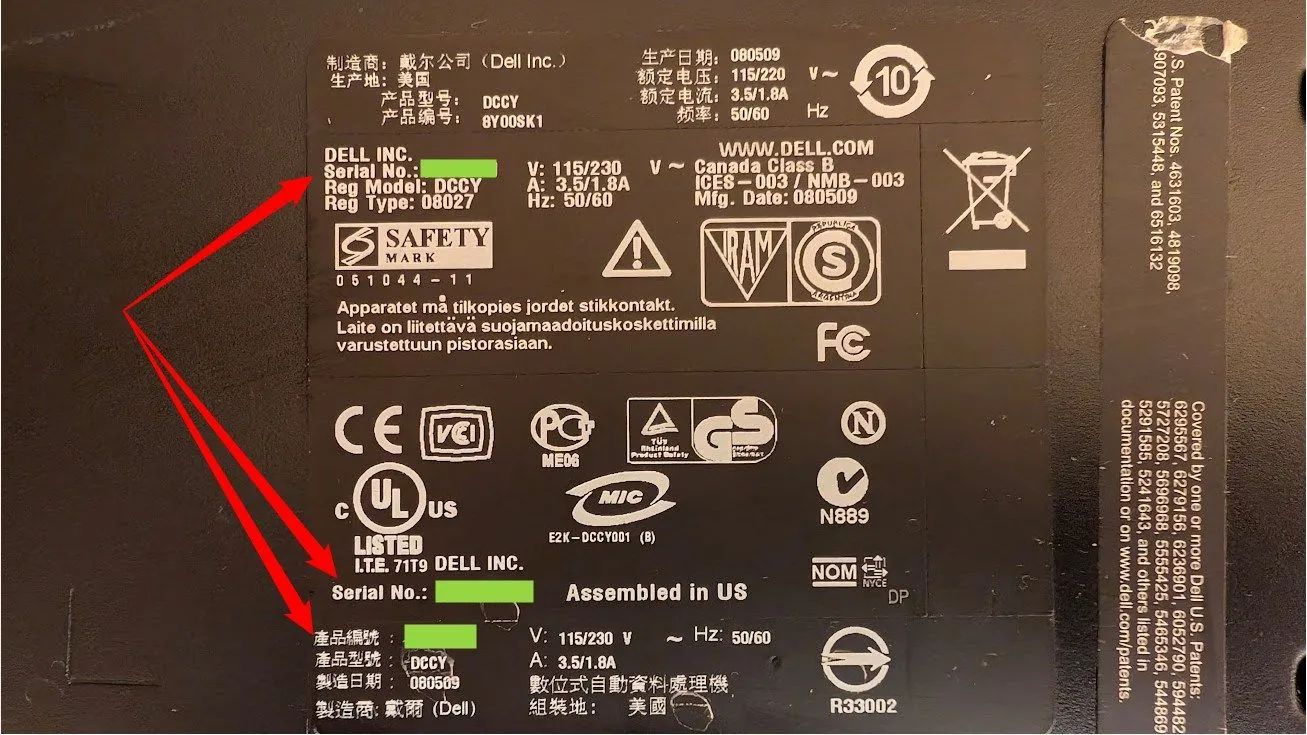 Tem dán số serial trên mặt đáy laptop Dell, vị trí ví dụ để tìm serial number dễ dàng