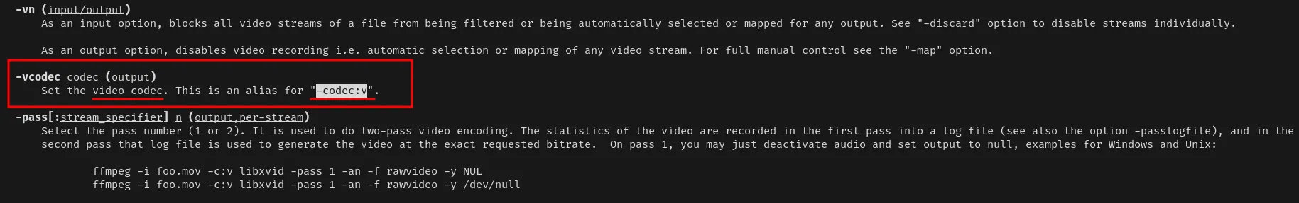 Terminal hiển thị man page của ffmpeg với phần ghi chú codec nổi bật và chú thích 'v' là video, phù hợp cho streamer và người edit video trên Linux