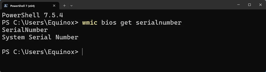 Terminal Windows hiển thị thông báo không có số serial khi chạy lệnh wmic bios get serialnumber