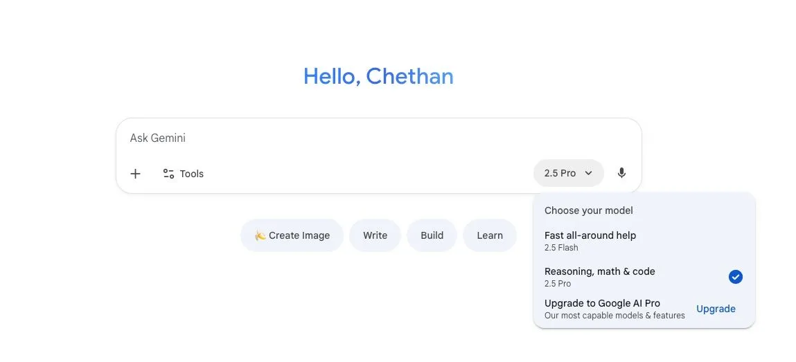 Thanh prompt của Google Gemini hiển thị model switcher mới ở góc phải dưới, tiện lợi cho game thủ