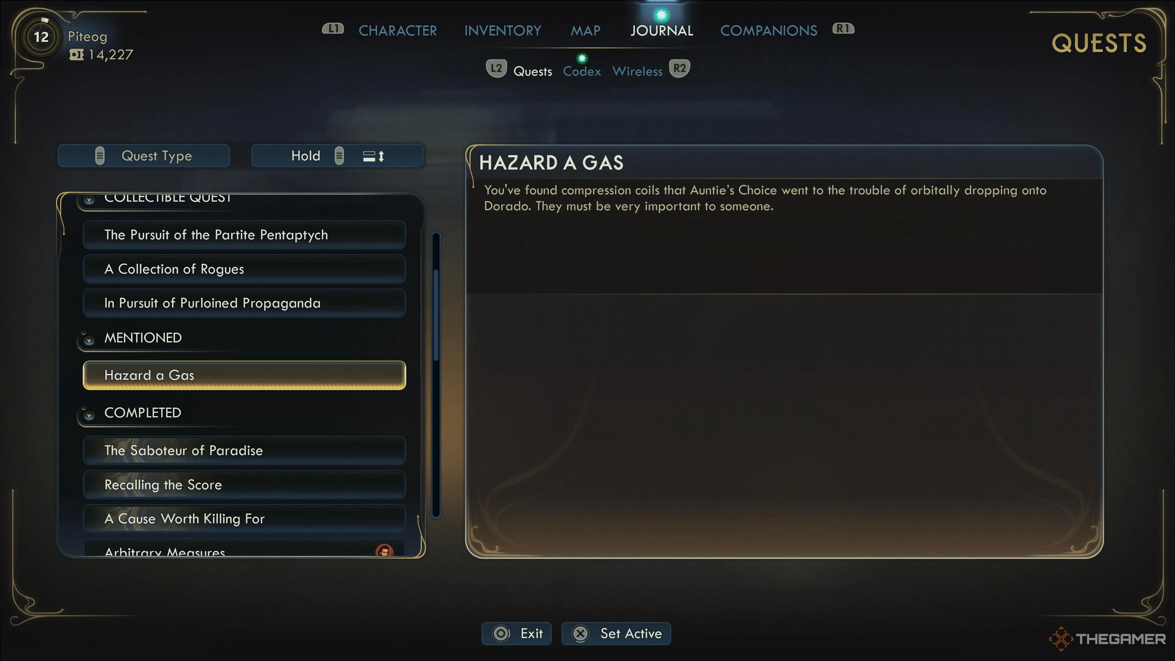 The Hazard A Gas quest in the mentioned category of the journal in The Outer Worlds 2.