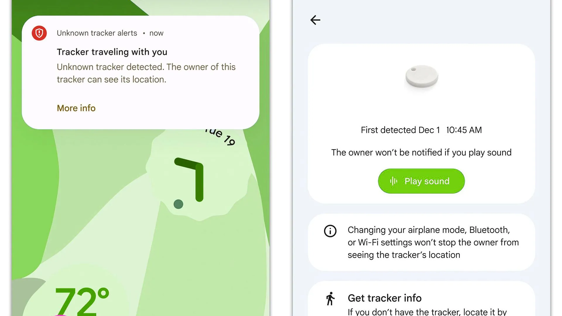 Thông báo phát hiện tracker lạ trên smartphone, cho thấy vị trí và hành trình của thiết bị theo dõi