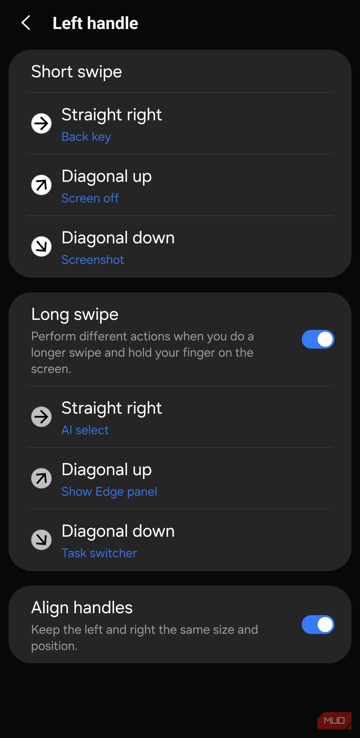 Tùy chọn cử chỉ cho tay trái trong One Hand Operation+ (có thể gán chụp màn hình)