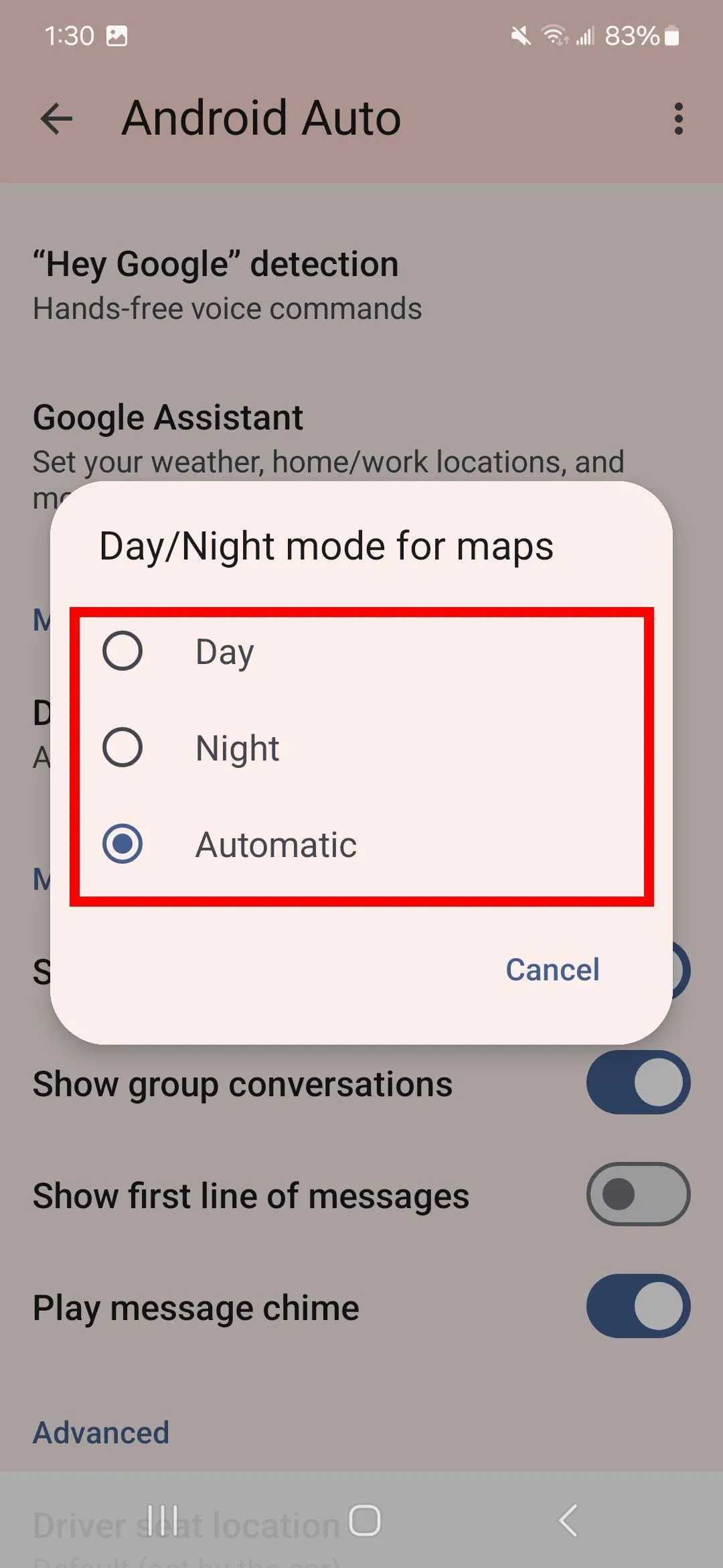 Tùy chọn Day/Night cho Maps trong Android Auto, chọn Day hoặc Night theo điều kiện lái xe