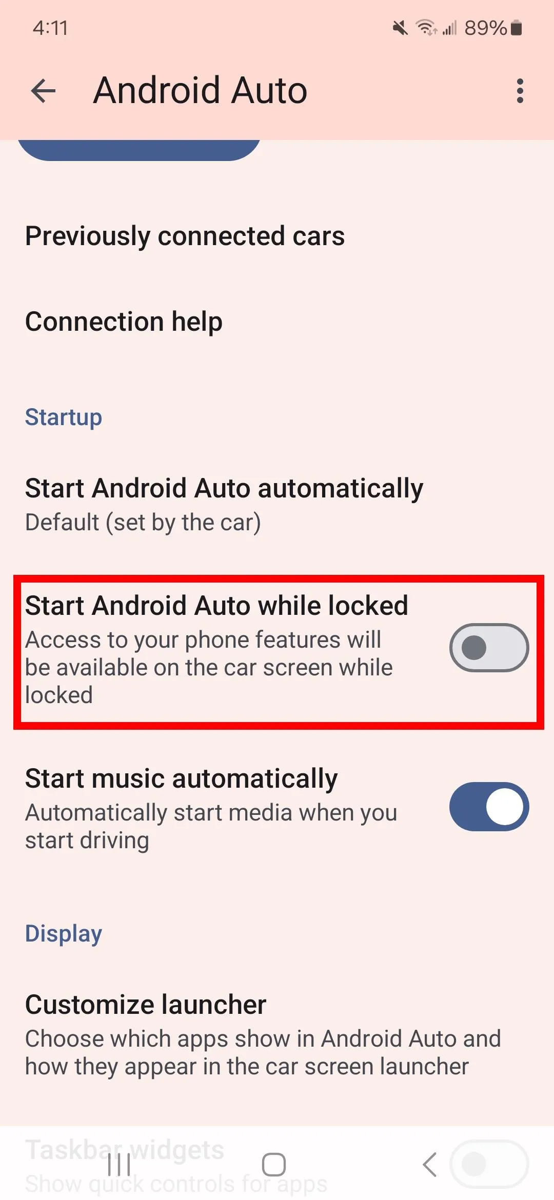 Tùy chọn Start Android Auto while locked, cảnh báo về rủi ro bảo mật khi bật tính năng này